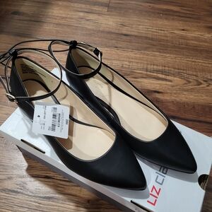 Liz Claiborne Black Pointed Ankle-Strap Flats